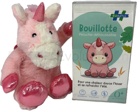 Bouillotte peluche EvoluPlus déhoussable licorne rose